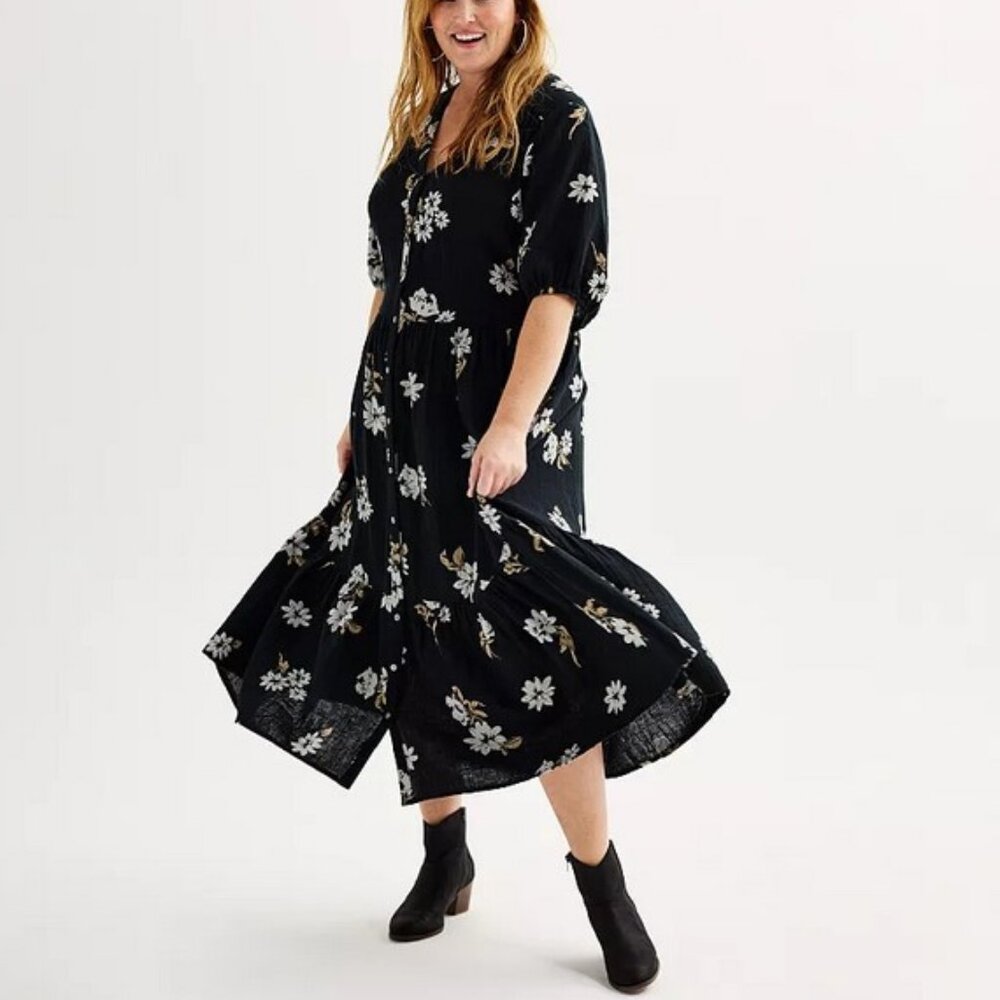 Sonoma Black Floral Midi Dress with Puff Sleeves .